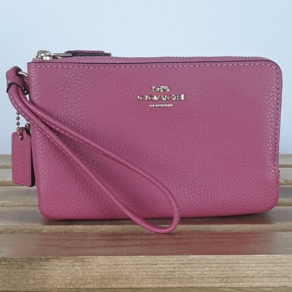 Coach Handbags - Coach Pink Double Zipper Pebble Leather Wristlet